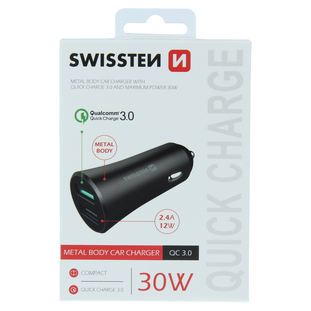 Swissten 2.4A Quickcharge (30W) Car Charger - 20111650 - Black