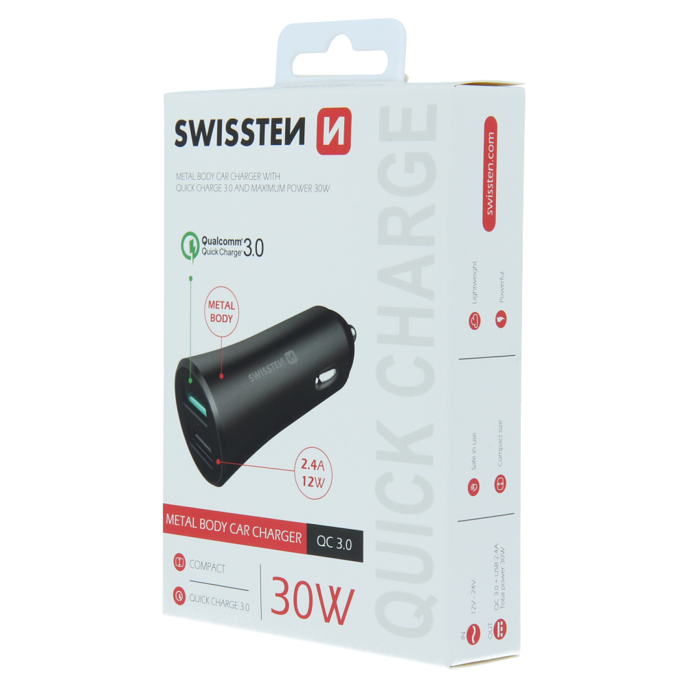 Swissten 2.4A Quickcharge (30W) Car Charger - 20111650 - Black