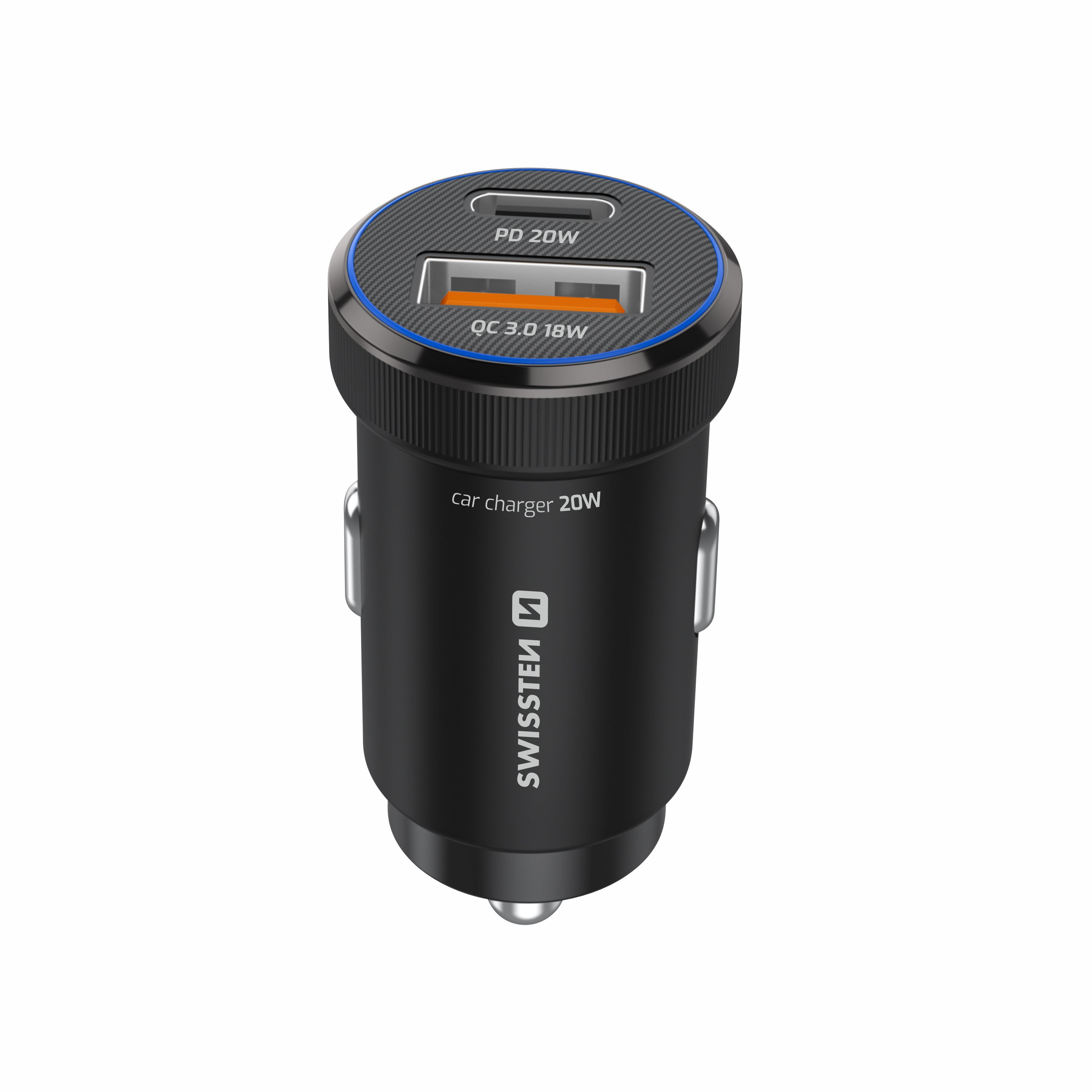 Swissten Dual USB-C & USB-A Mini Car Charger (20W) - 20111907 - With USB-C Cable - Black