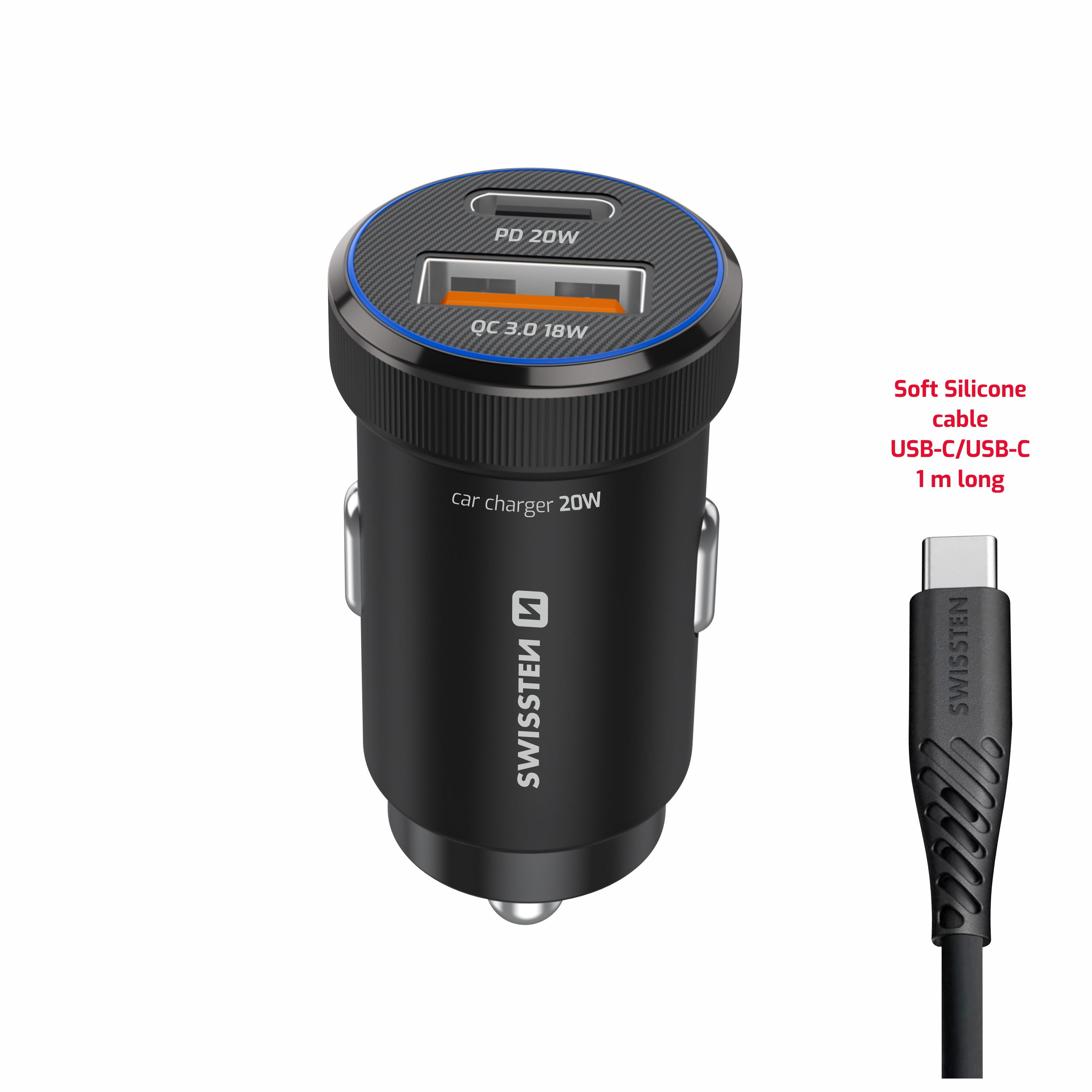 Swissten Dual USB-C & USB-A Mini Car Charger (20W) - 20111907 - With USB-C Cable - Black