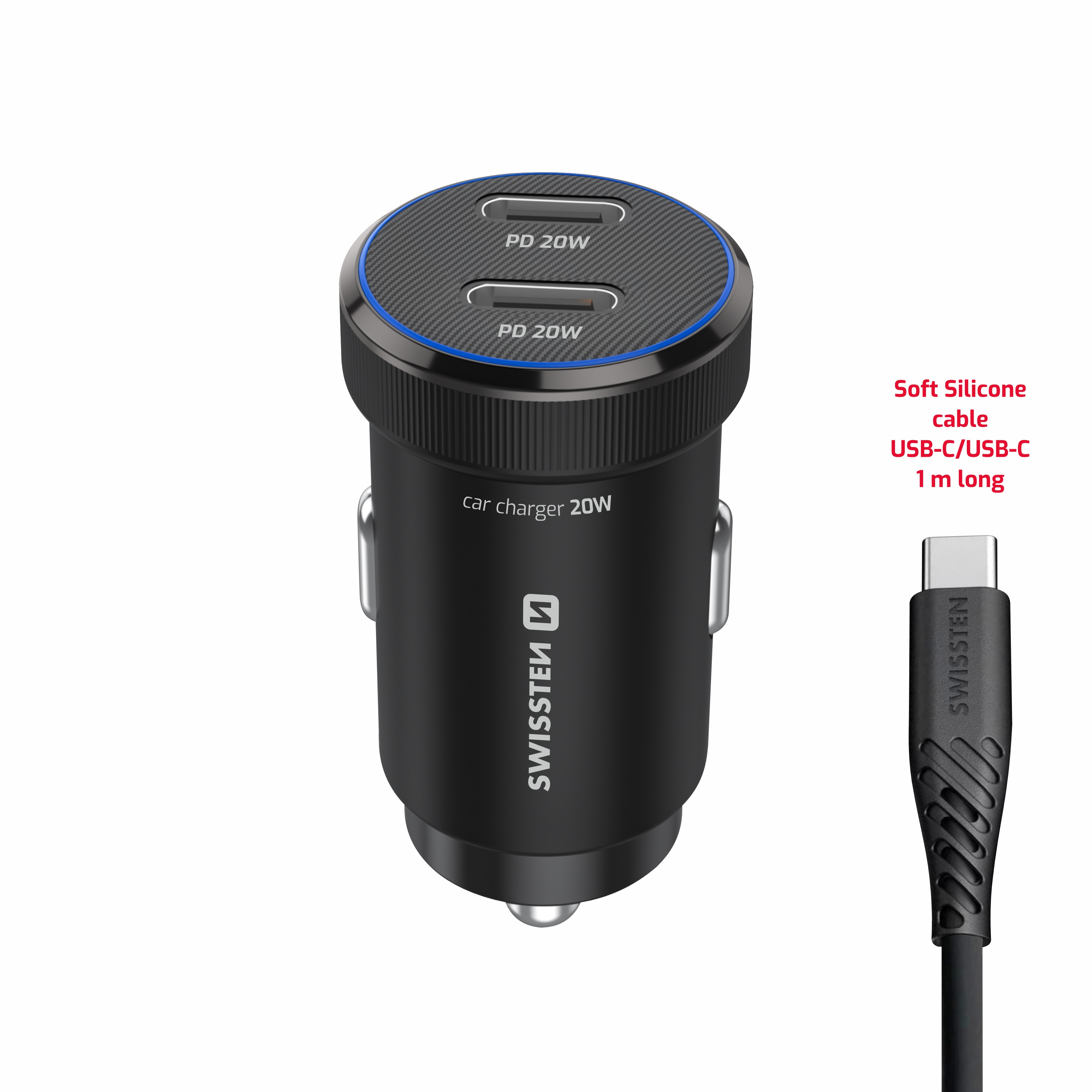 Swissten Dual USB-C Mini Car Charger (20W) - 20111911 - With USB-C Cable - Black