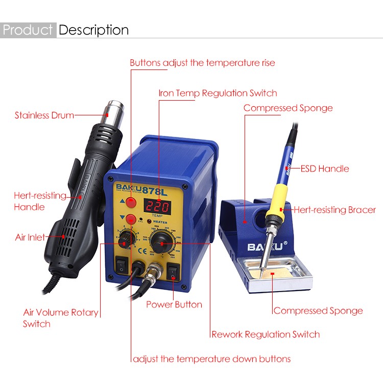 Baku 878L Soldering and Heatgun Rework Station