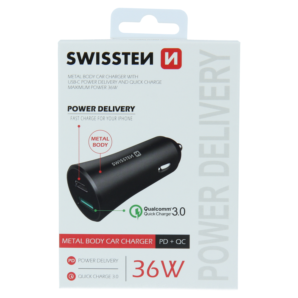 Swissten 2.4A Power Delivery (36W) Car Charger - 20111660 - With USB-A & USB-C Port - Black