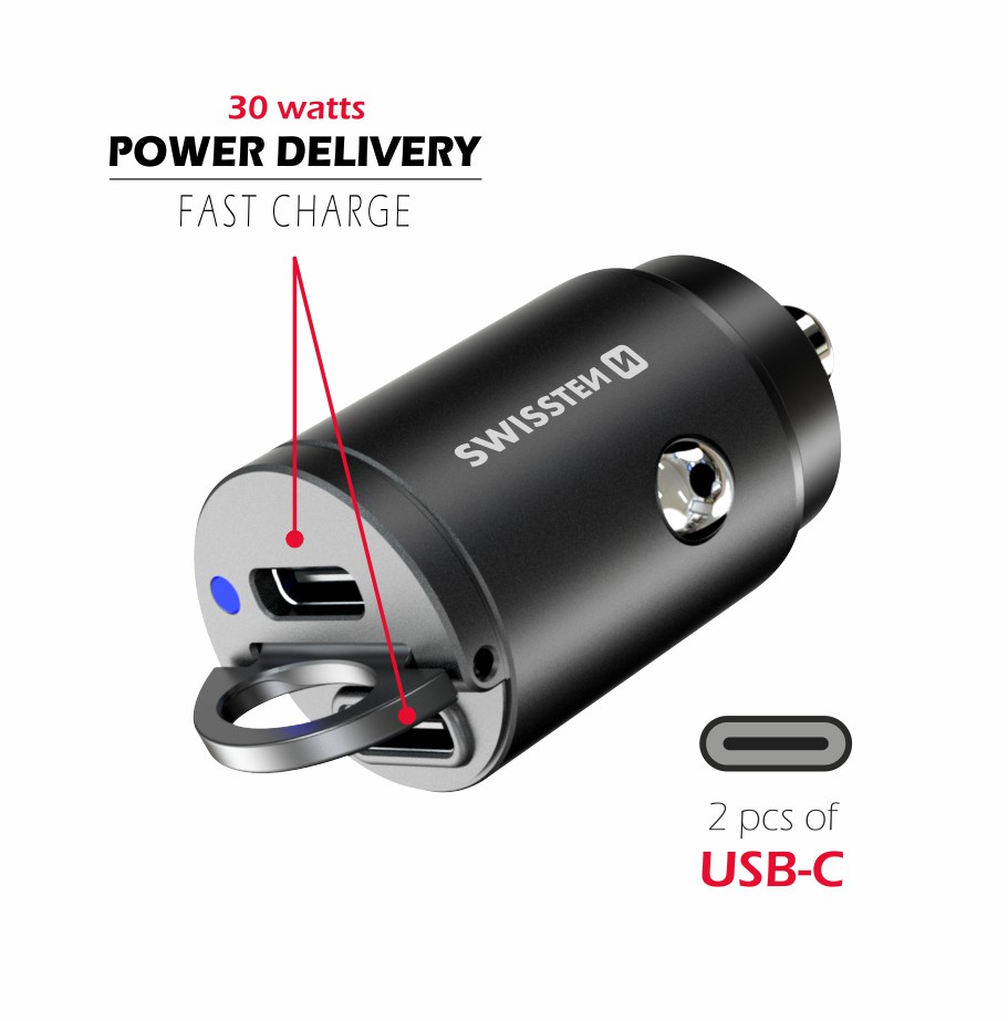 Swissten Dual USB-C Power Delivery (30W) Car Charger - 20111800 - Black-