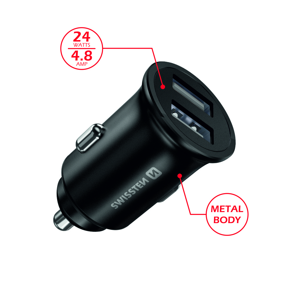 Swissten 4.8A Dual Port Car Charger - 20115000BOX - For CDU Box - Black