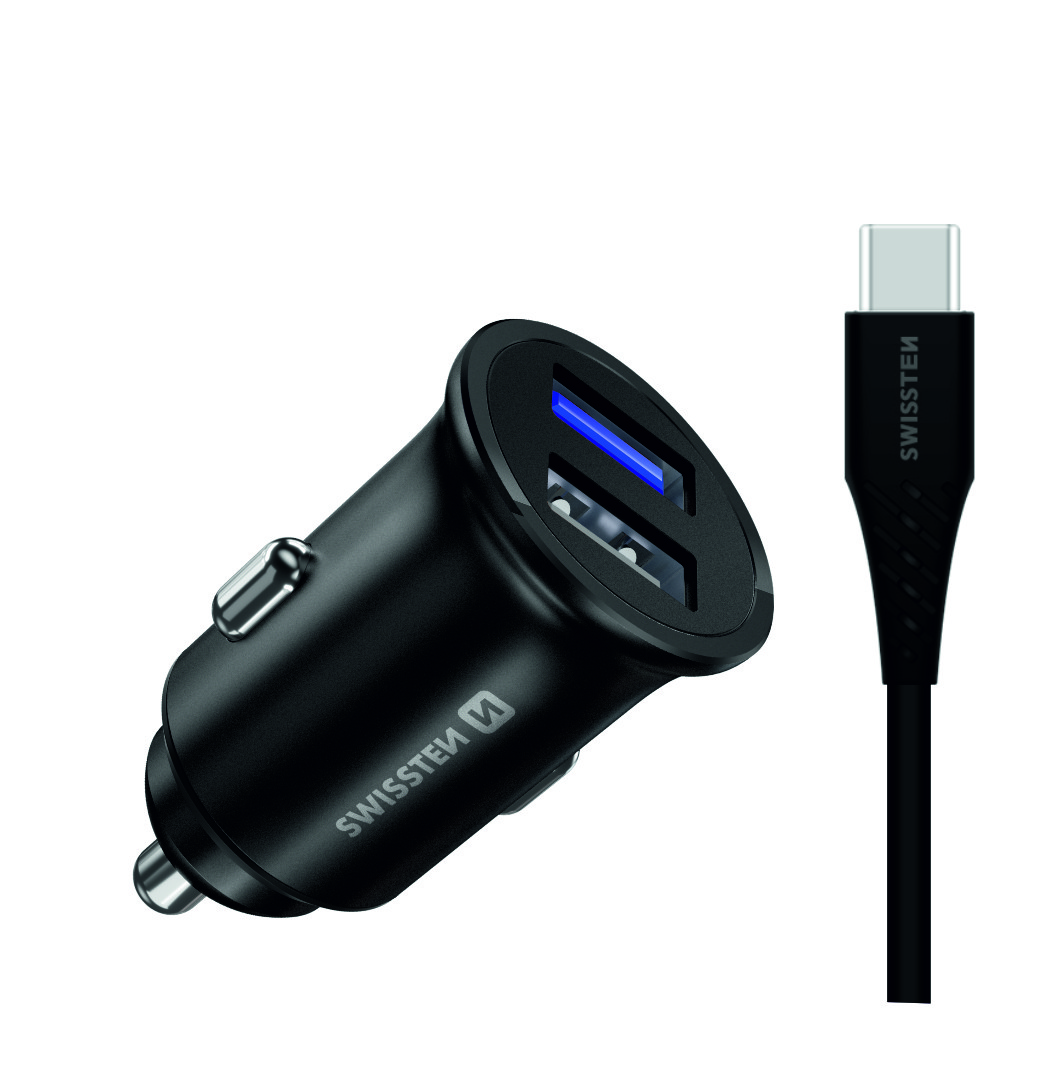 Swissten 5A SuperCharge Car Charger (32.5W) - 20116100 + Type-C USB Cable - Black