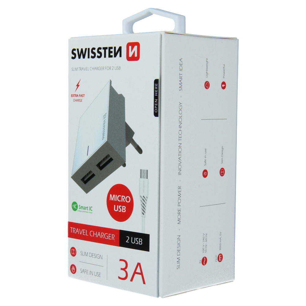 Swissten 3A Dual Travel Charger - 22041000 + Micro USB Cable - White