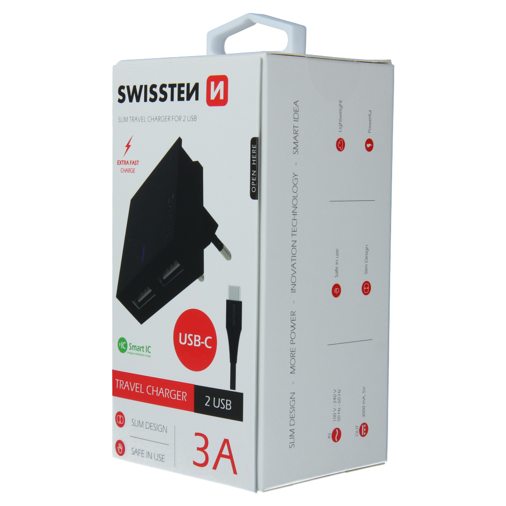 Swissten 3A Dual Travel Charger - 22044000 + Type-C USB Cable - Black