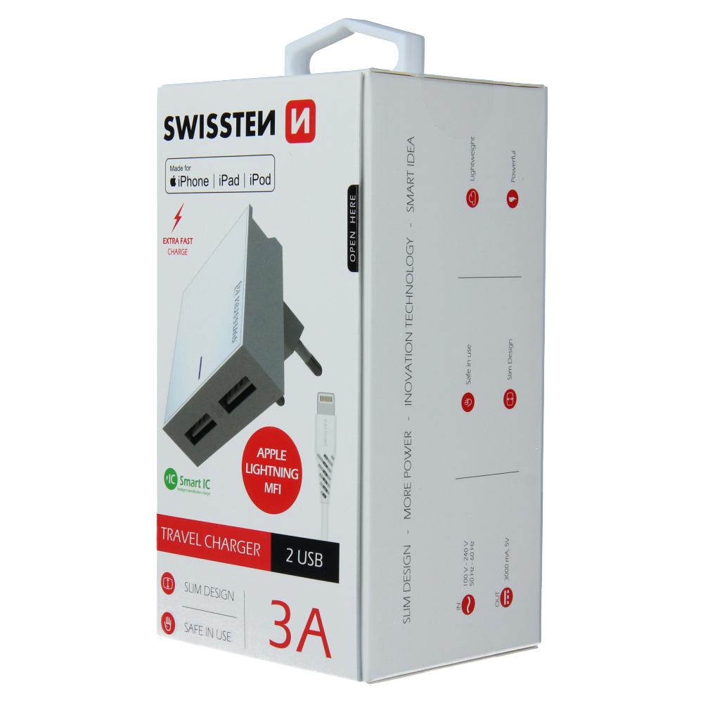 Swissten 3A Dual Travel Charger - 22045000 + MFI Lightning USB Cable - White
