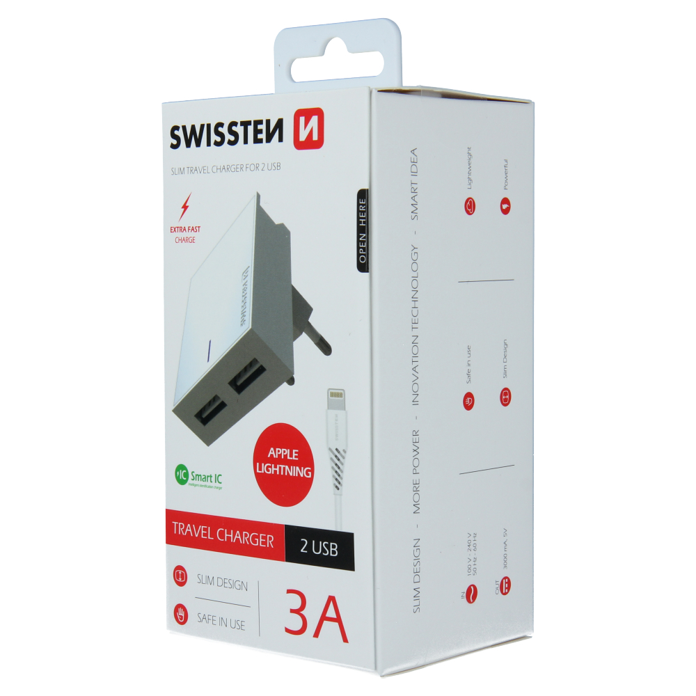 Swissten 3A Dual Travel Charger - 22047000 + Lightning USB Cable - White