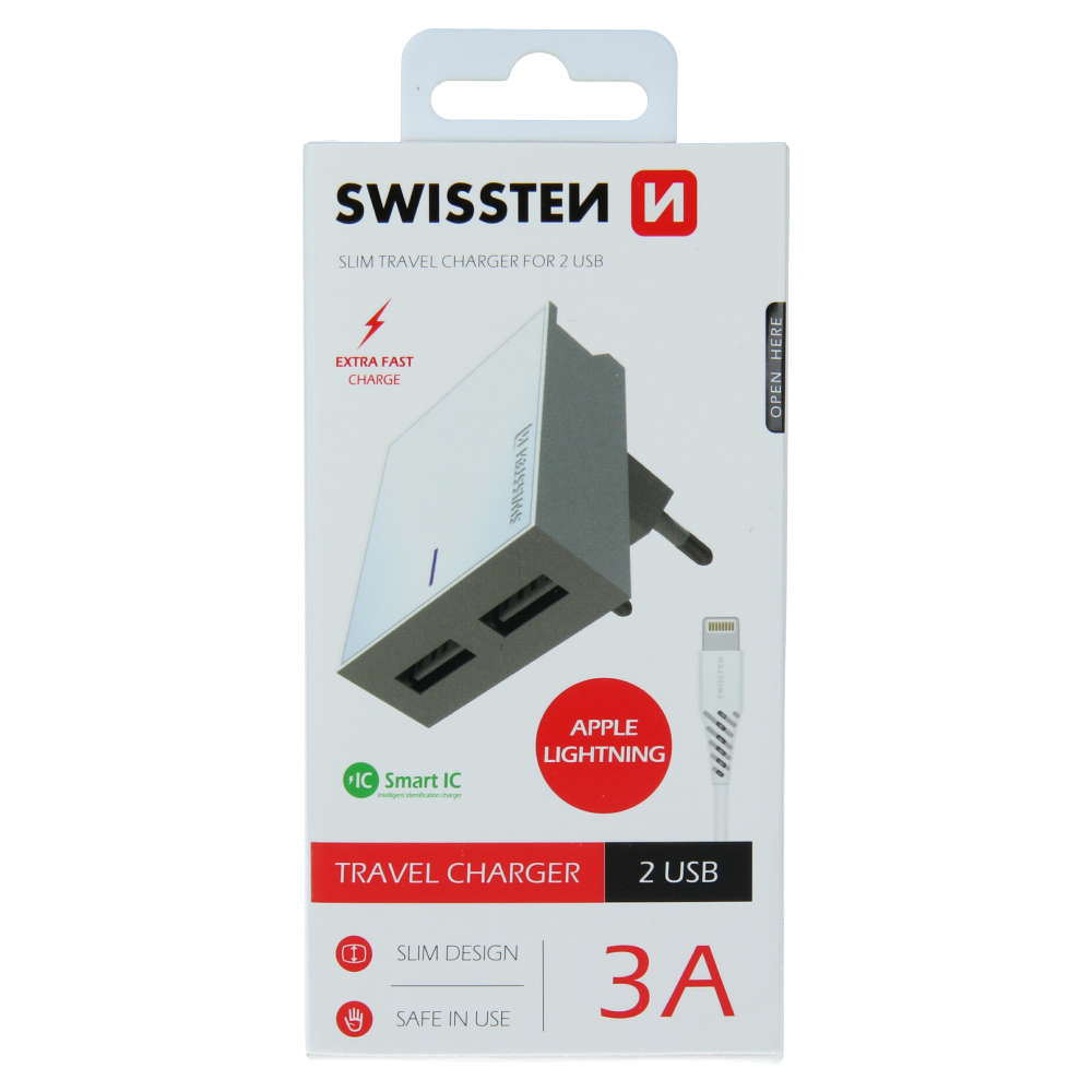 Swissten 3A Dual Travel Charger - 22047000 + Lightning USB Cable - White