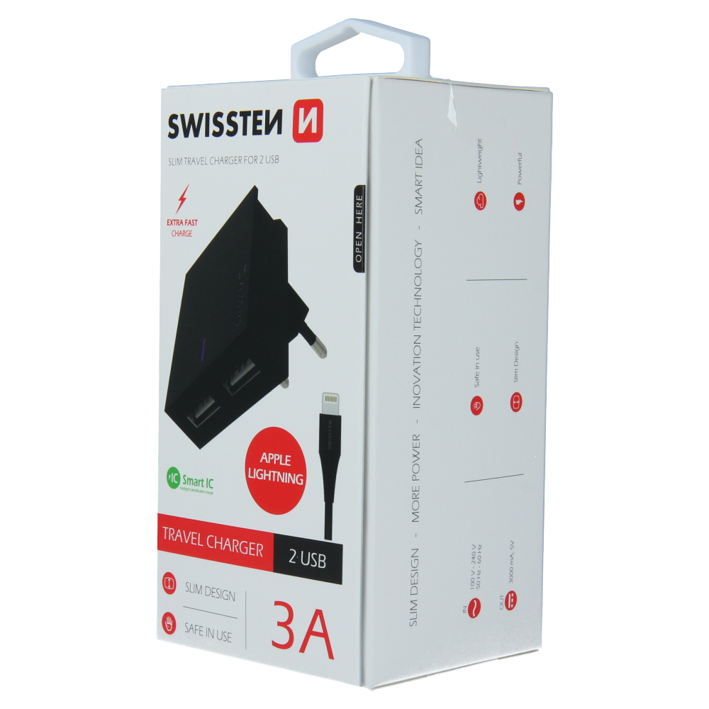 Swissten 3A Dual Travel Charger - 22048000 + Lightning USB Cable - Black