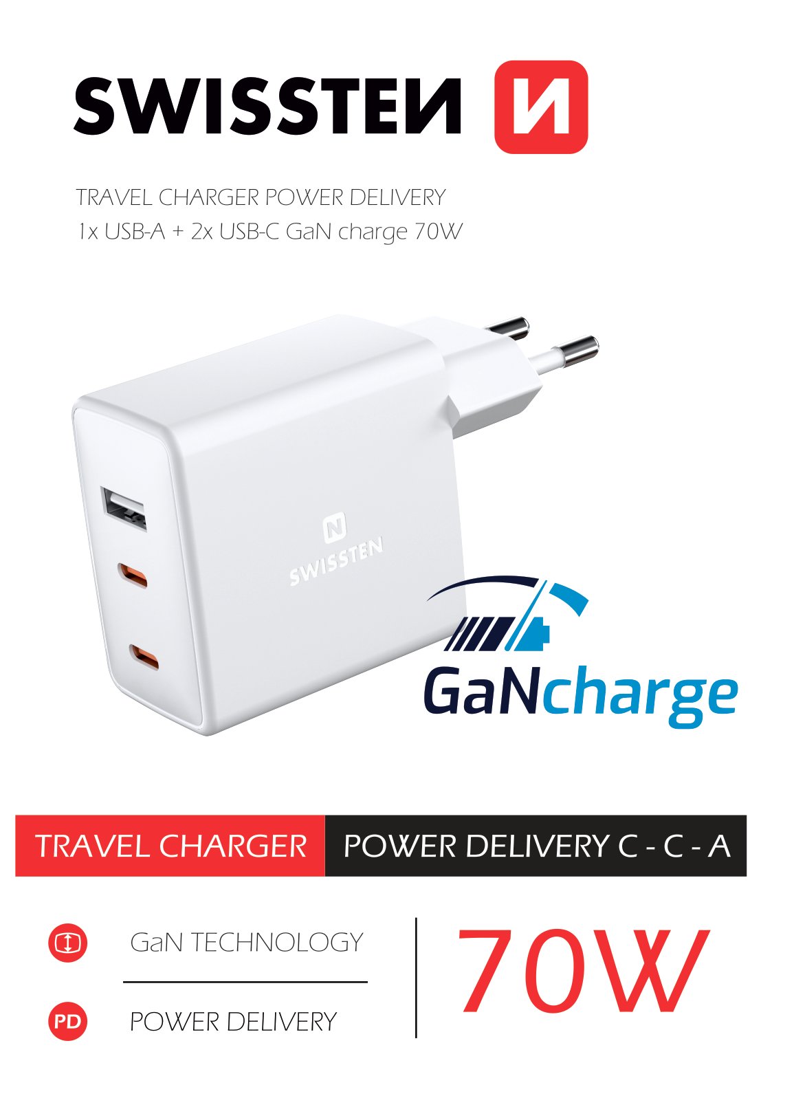 Swissten USB-C Travel Charger (70W) - 22054100 - White