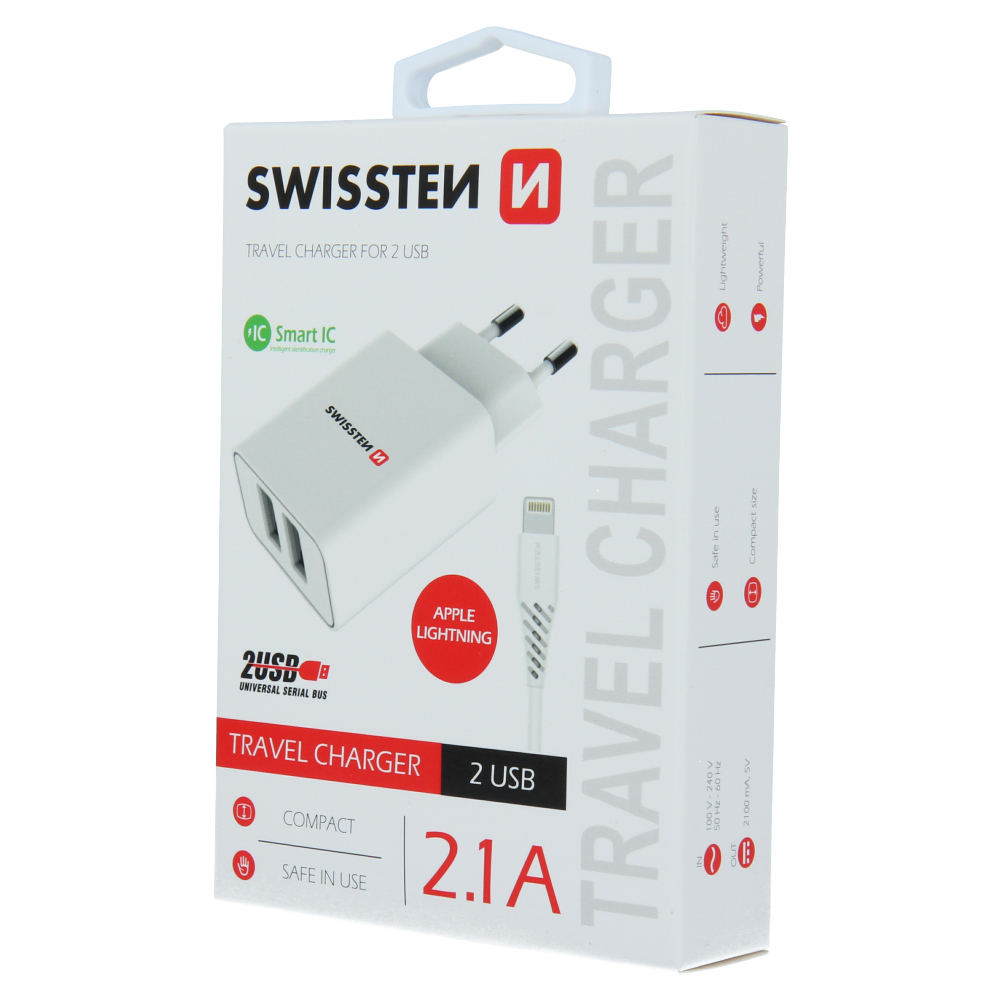 Swissten 2.1A Dual Port Travel Charger (10.5W) - 22057000 +  Lightning USB Cable - White