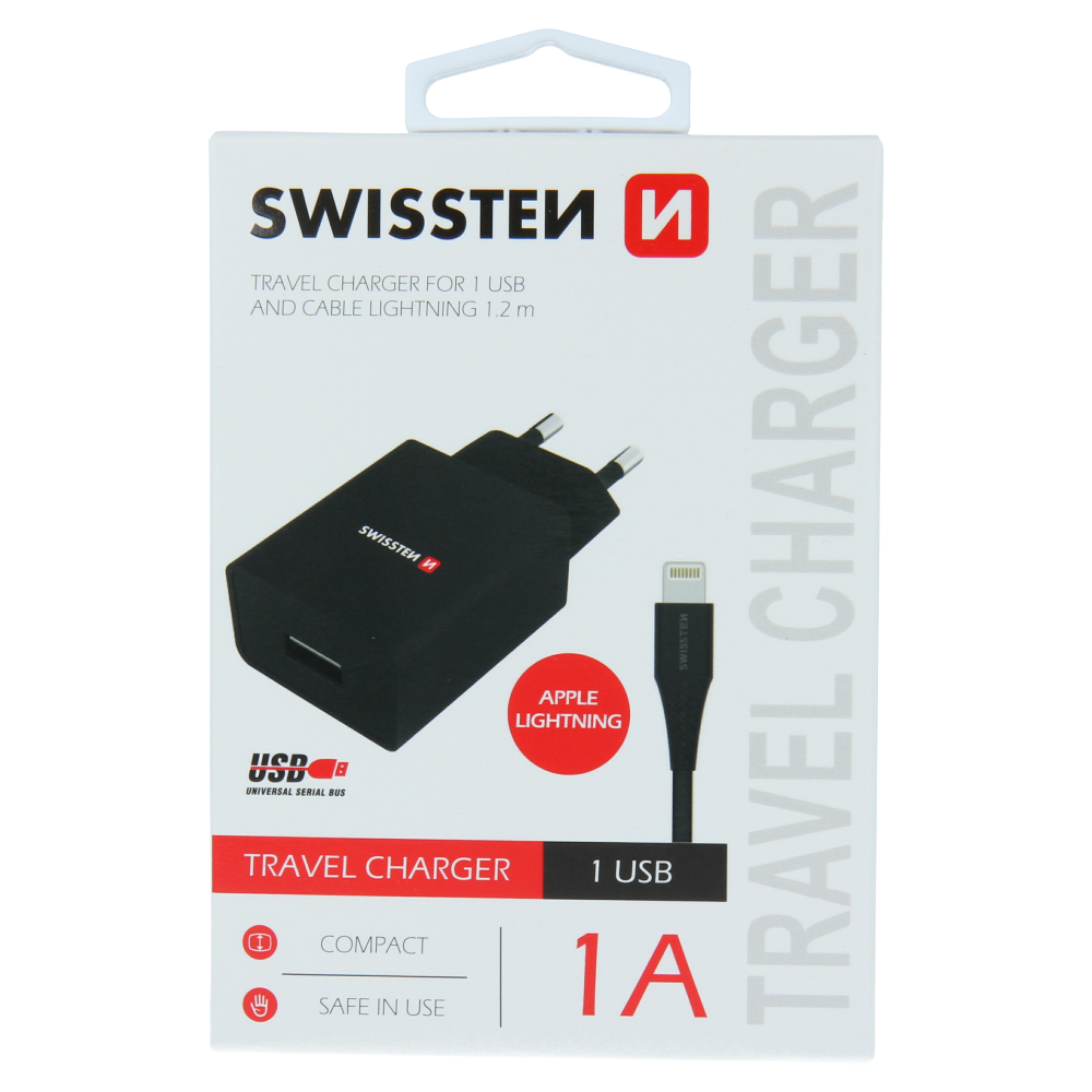 Swissten 1A Travel Charger - 22068000 +  Lightning USB Cable - Black