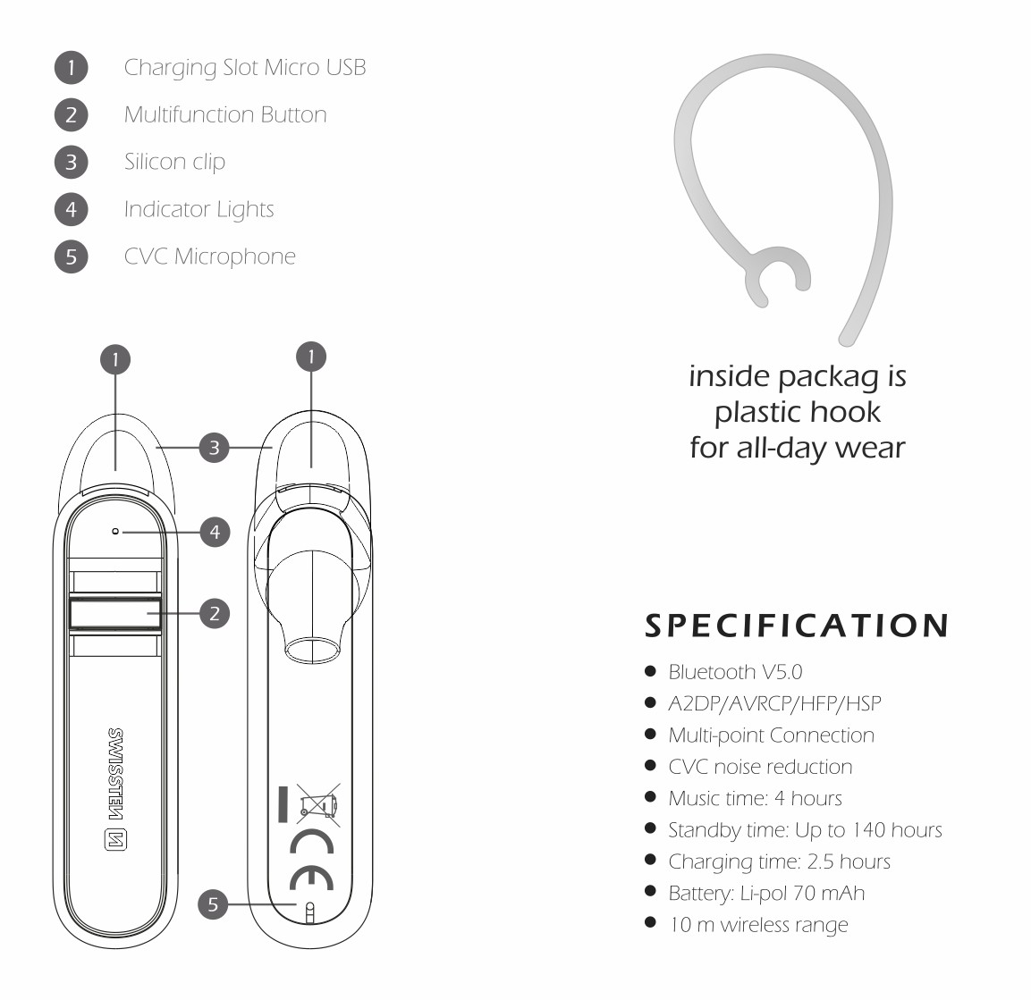Swissten Caller Bluetooth Headset - 51104000 - White