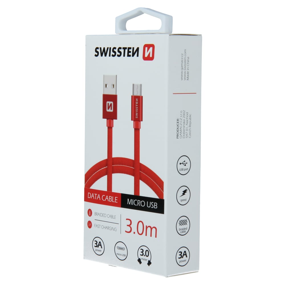 Swissten Textile Micro USB Cable - 71527301 - 3m - Red