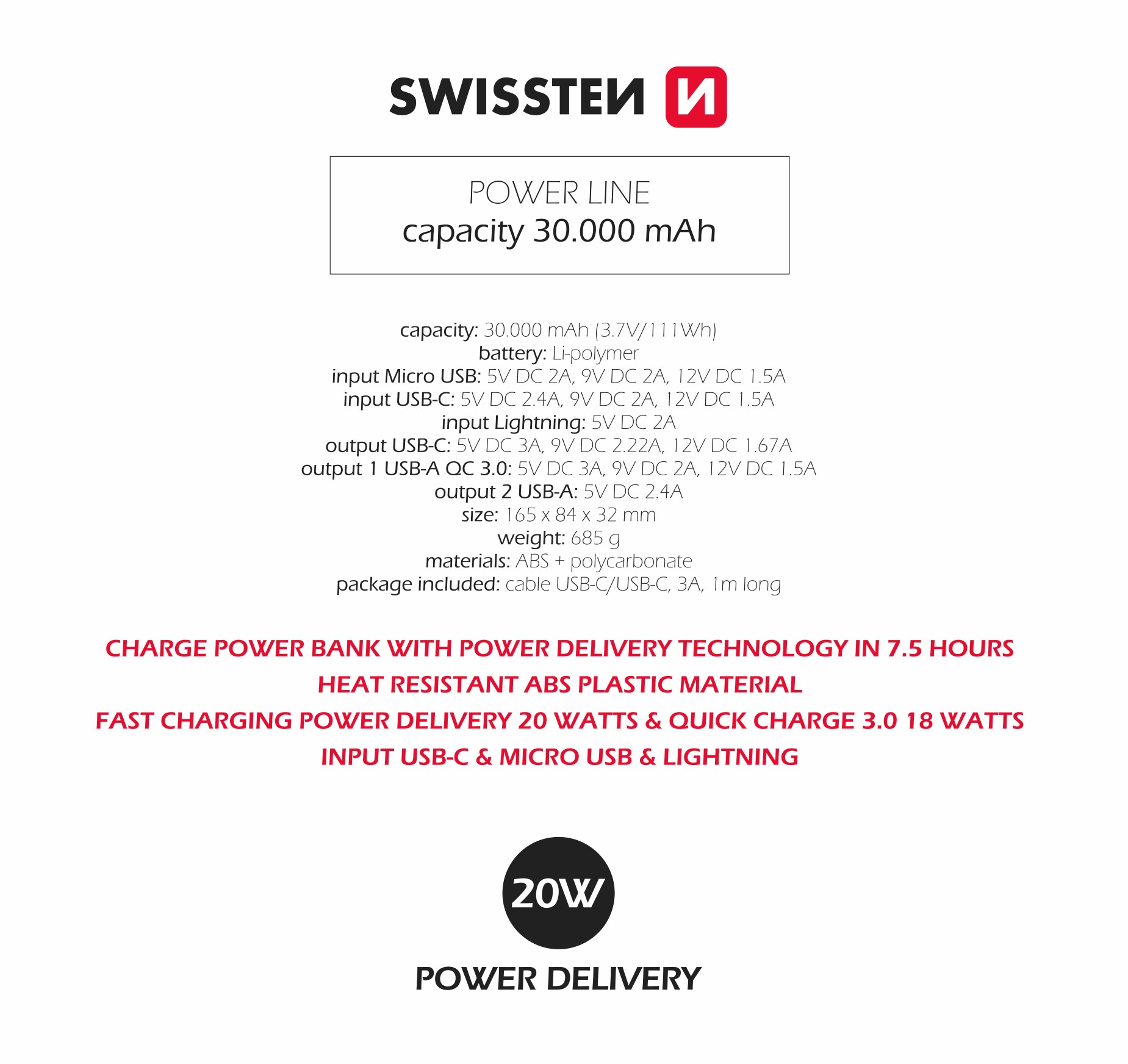 Swissten PowerLine Powerbank (20W) - 22013914 - 30,000 mAh - Black