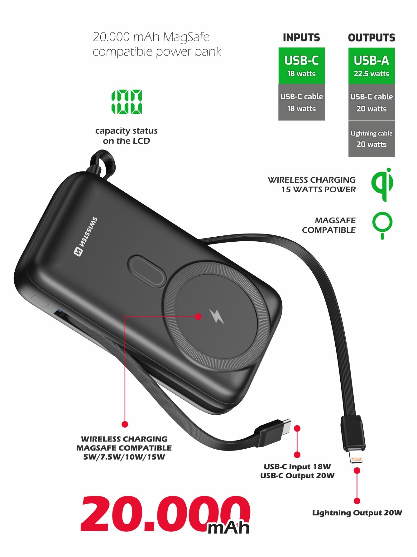Swissten 20W MagSafe Powerbank With Built-in USB-C & Lightning Cables - 20.000 mAh - 22013934