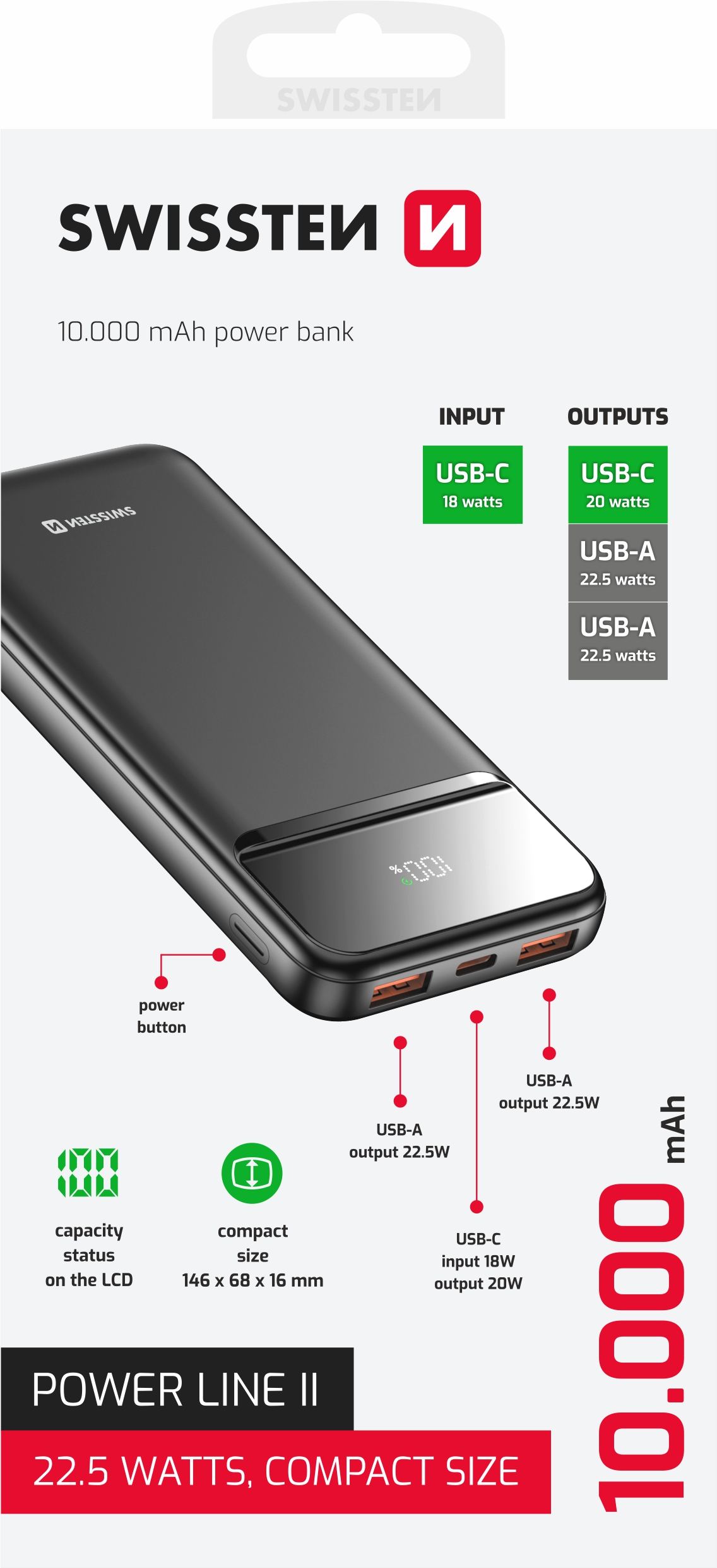 Swissten Powerline II Powerbank - 22013946 - 10.000 mAh - Black