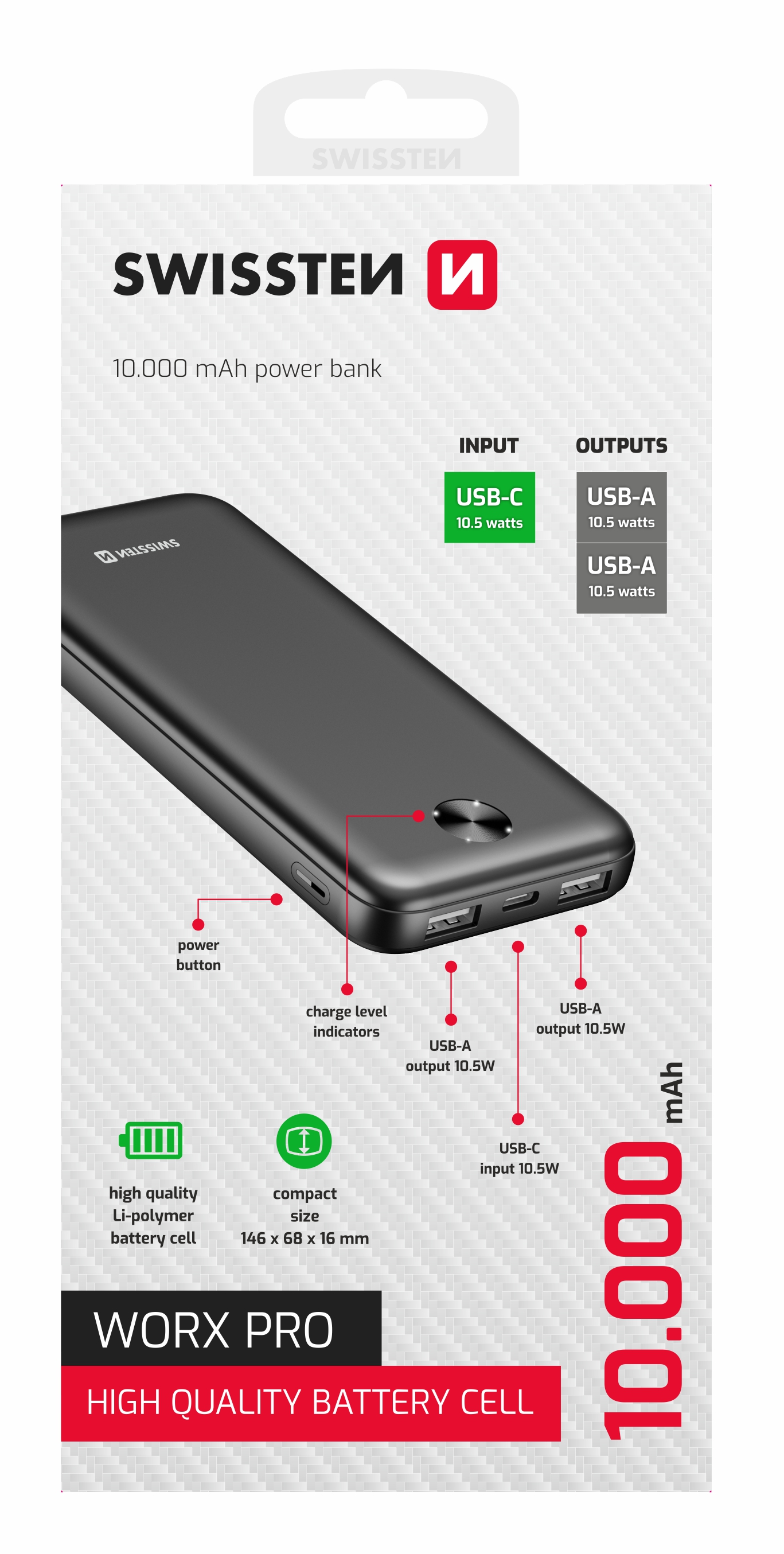 Swissten Worx Pro Powerbank - 22013949 - 10.000 mAh - Black