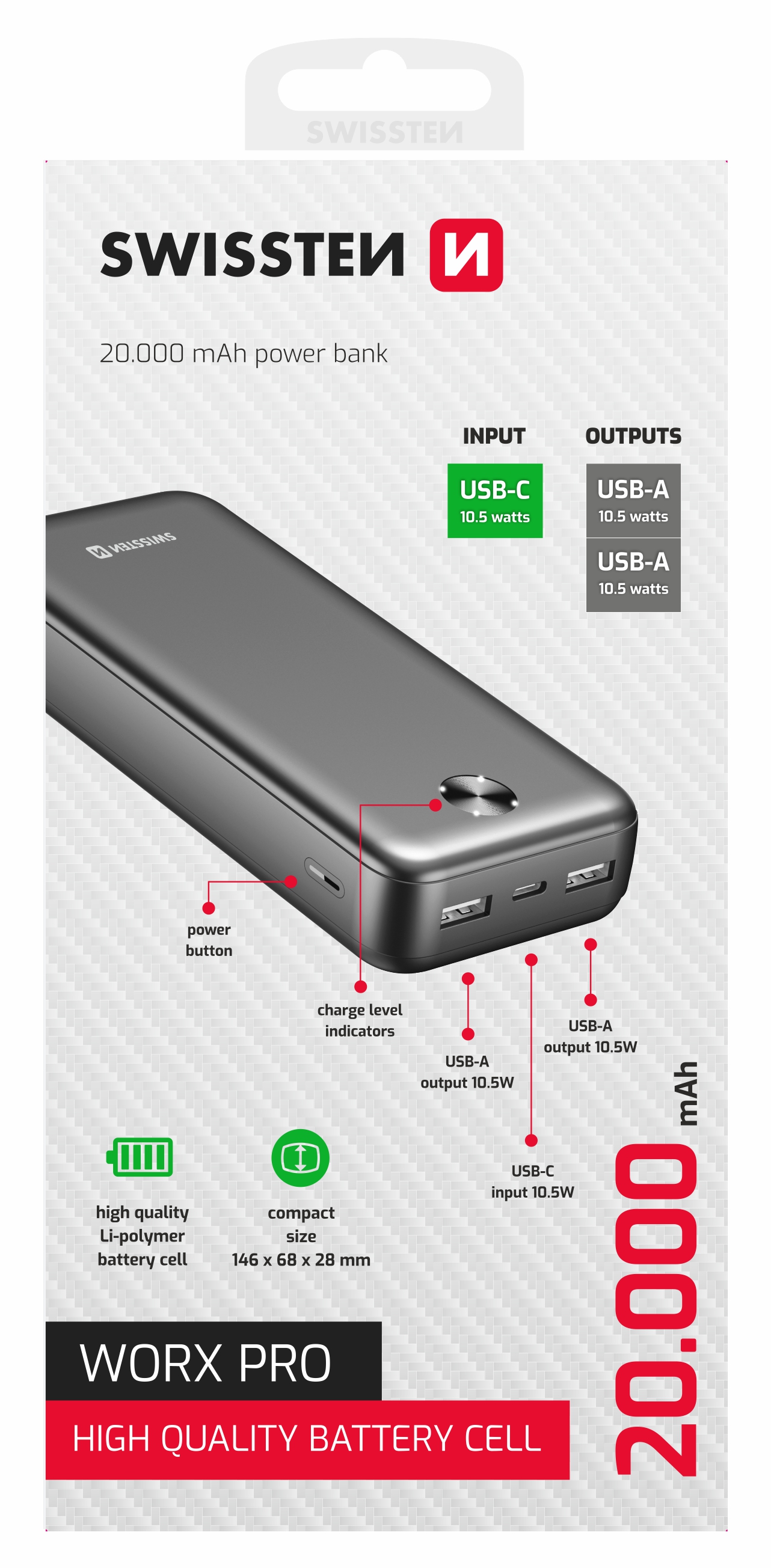 Swissten Worx Pro Powerbank - 22013961 - 20.000 mAh - Black