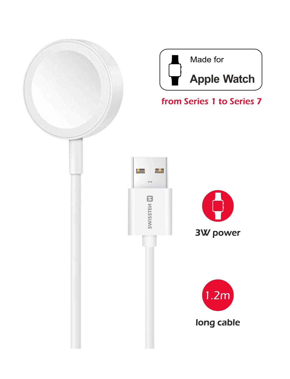 Swissten Apple Watch Wireless Charging Cable - 22055511 - With USB-A Cable - White