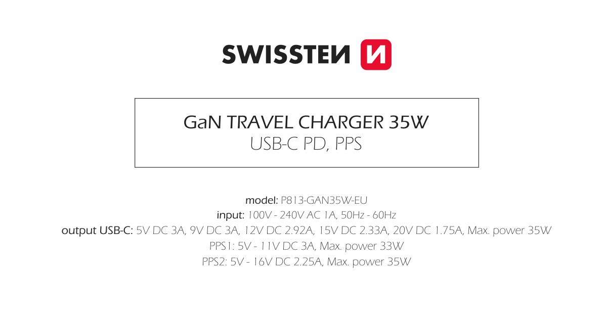 Swissten 35W UBS-C Travel Charger With USB-C To USB-C Cable - 1.2m - 22070220 - White