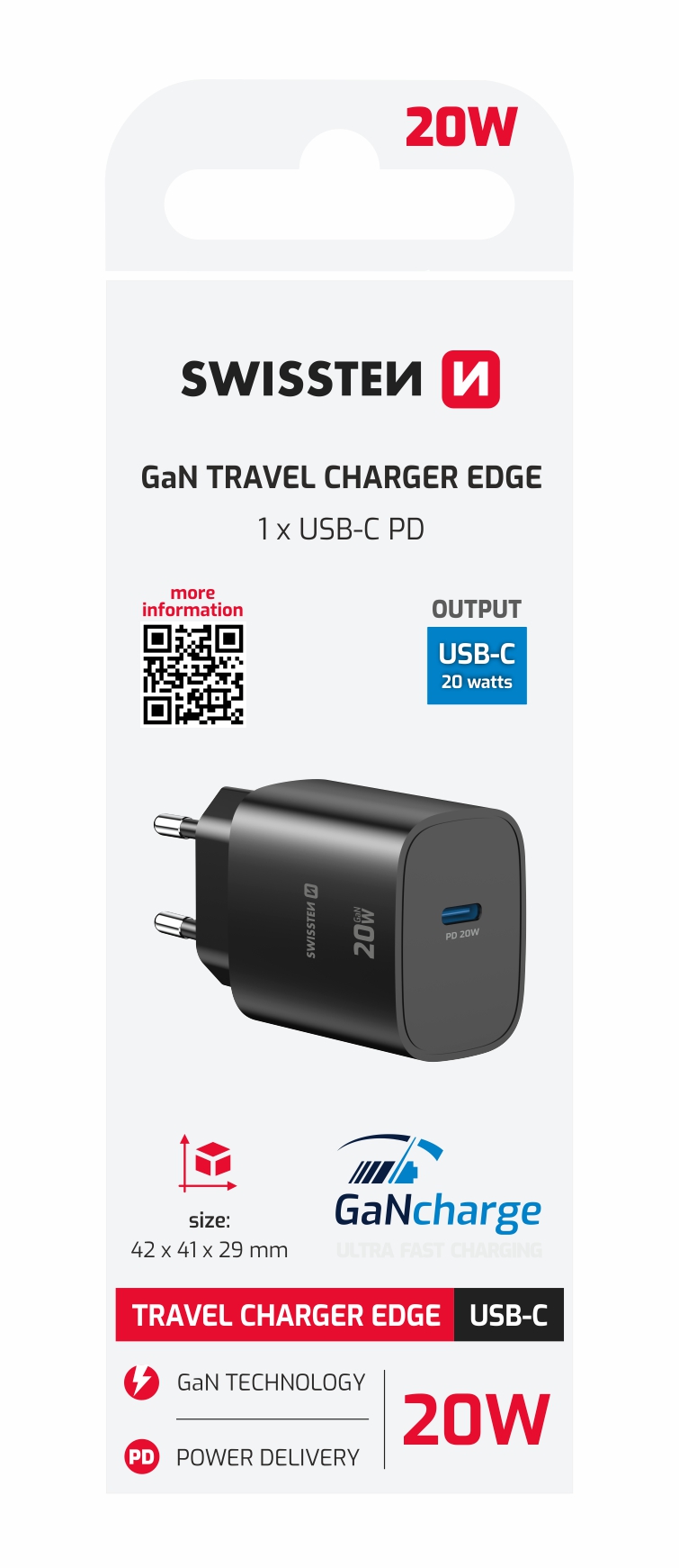 Swissten Edge USB-C Travel Charger (20W) - 22071710 - Black
