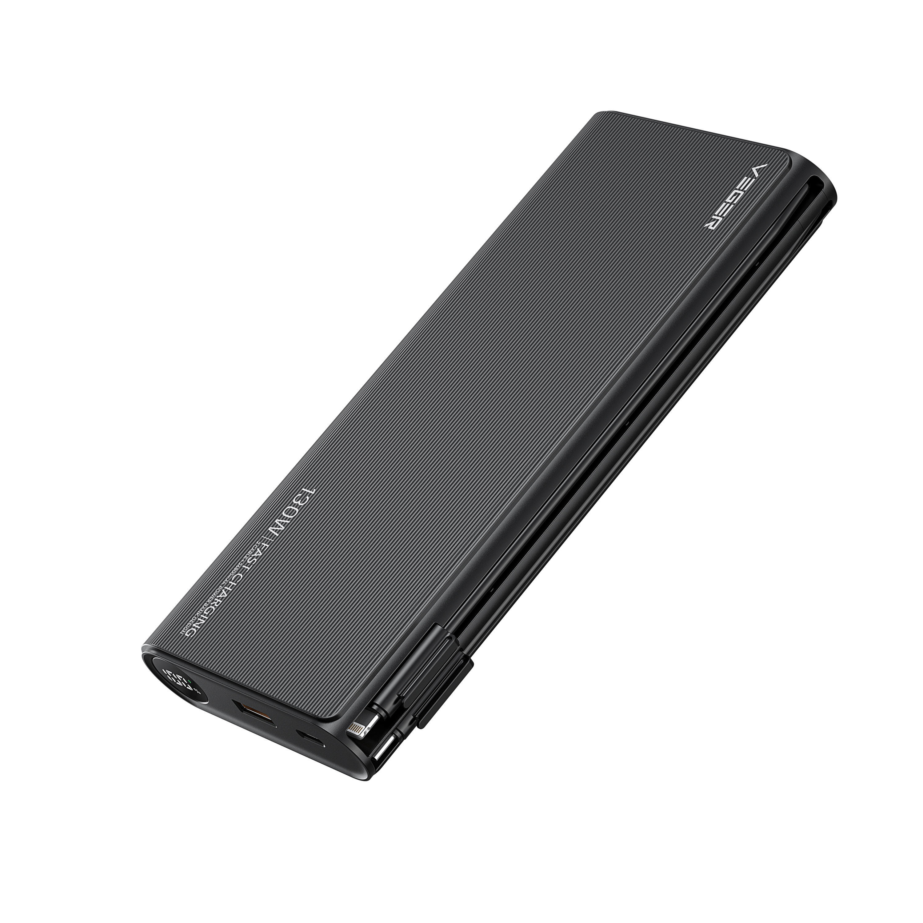 Veger TC130 Fast Charging PowerBank - 25.000 mAh - With Type-C & Lightning Cable Built-In - Black