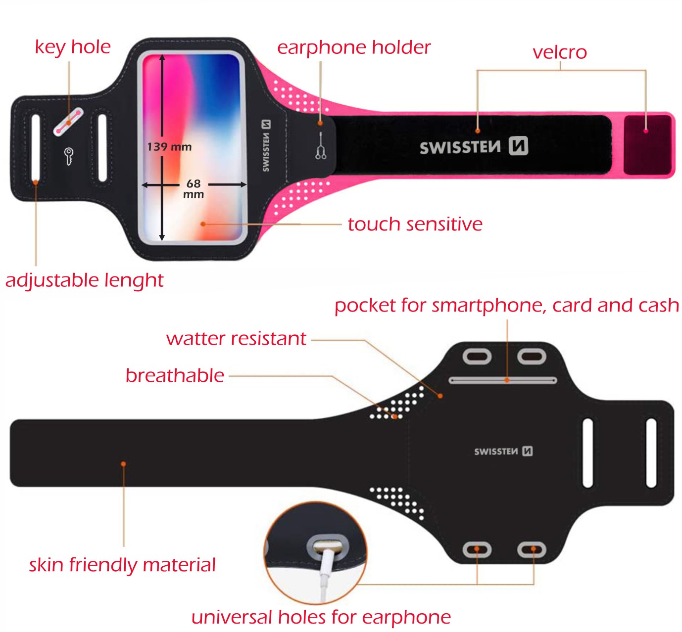 Swissten Armband Case - 32903600 - Up to Phones for 6.0" - Pink
