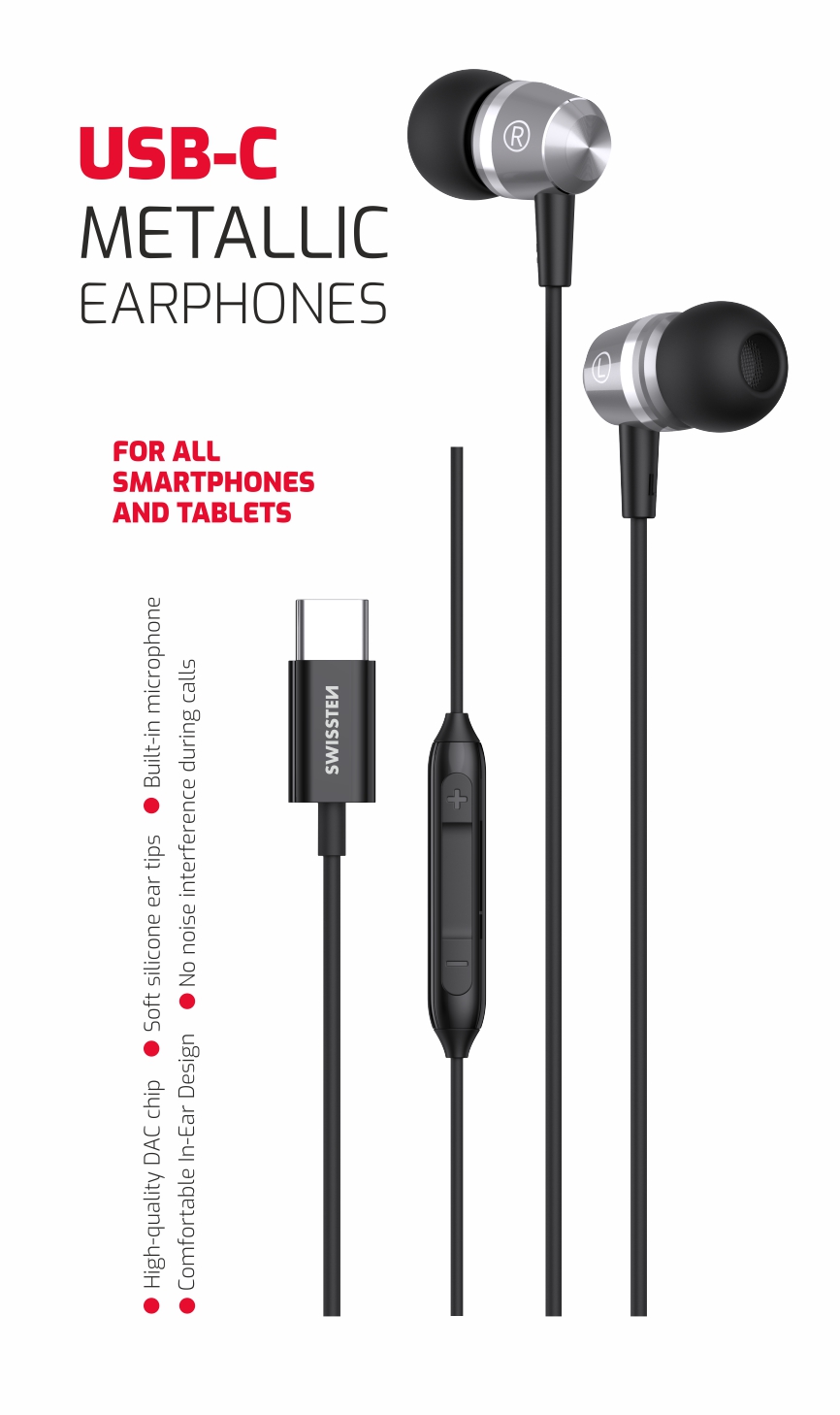 Swissten USB-C Metallic Earphones - 51109100 - 1.2m - Black