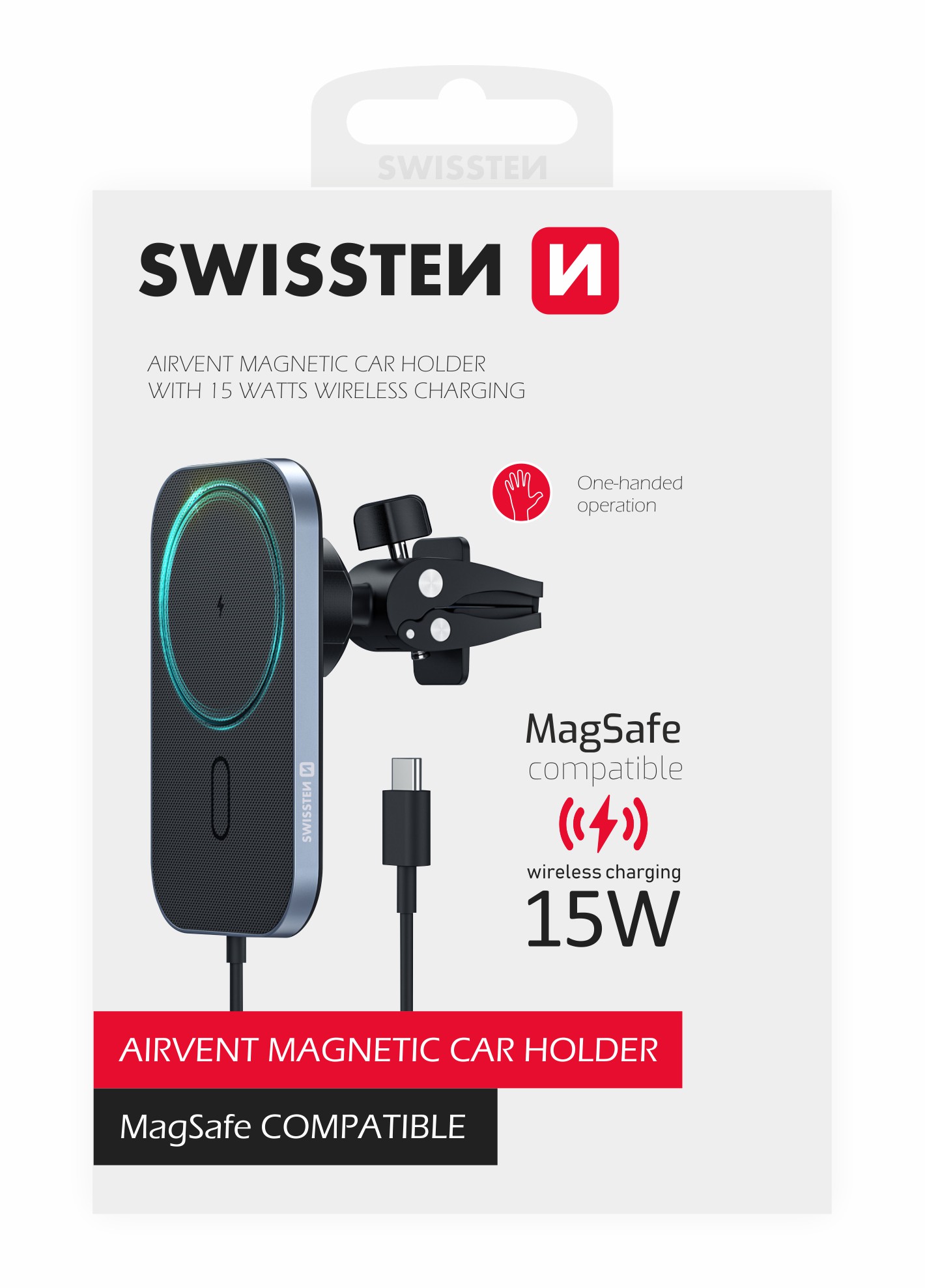 Swissten Wireless Charging Magnetic Air Vent Car Holder (15W) - 65010609 - MagSafe Compatible - Black