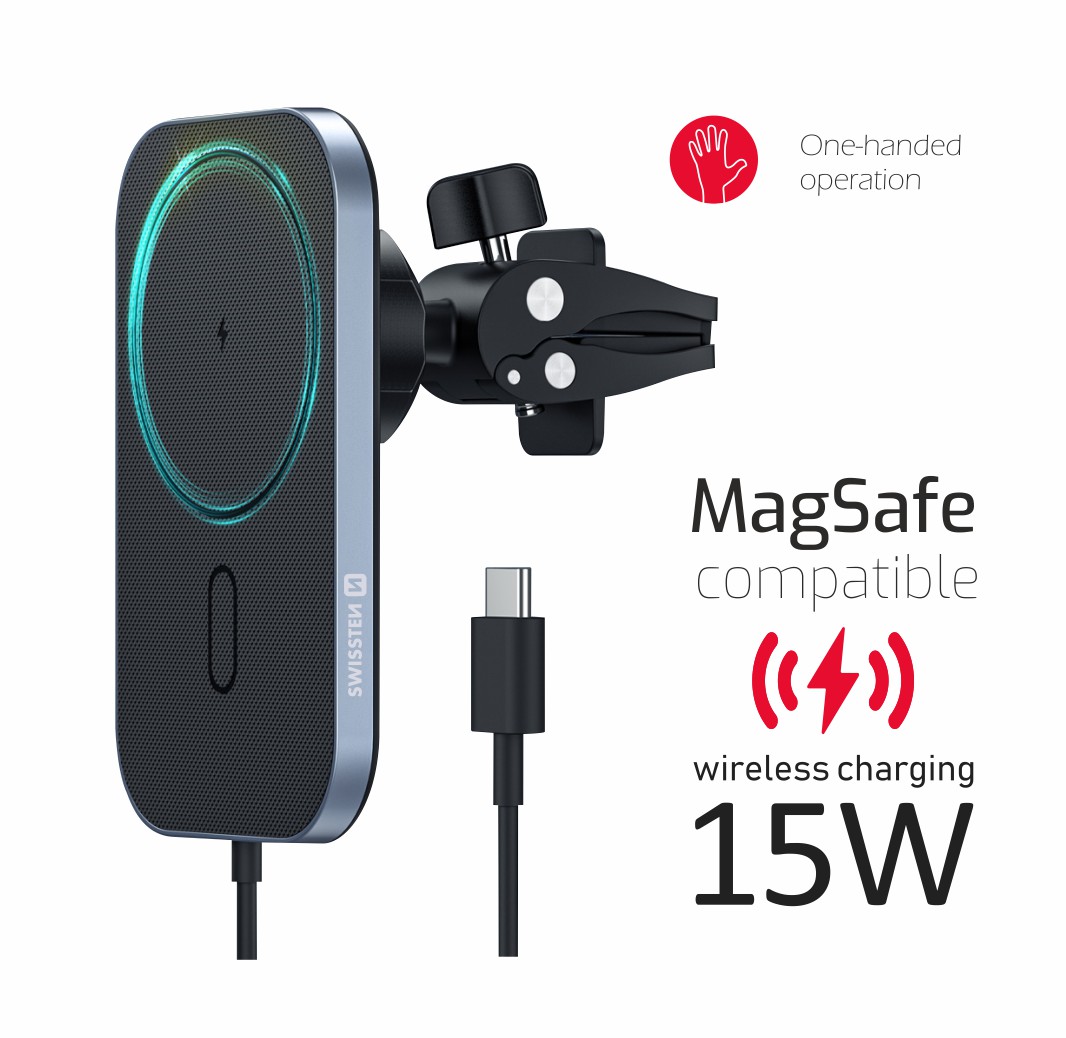Swissten Wireless Charging Magnetic Air Vent Car Holder (15W) - 65010609 - MagSafe Compatible - Black
