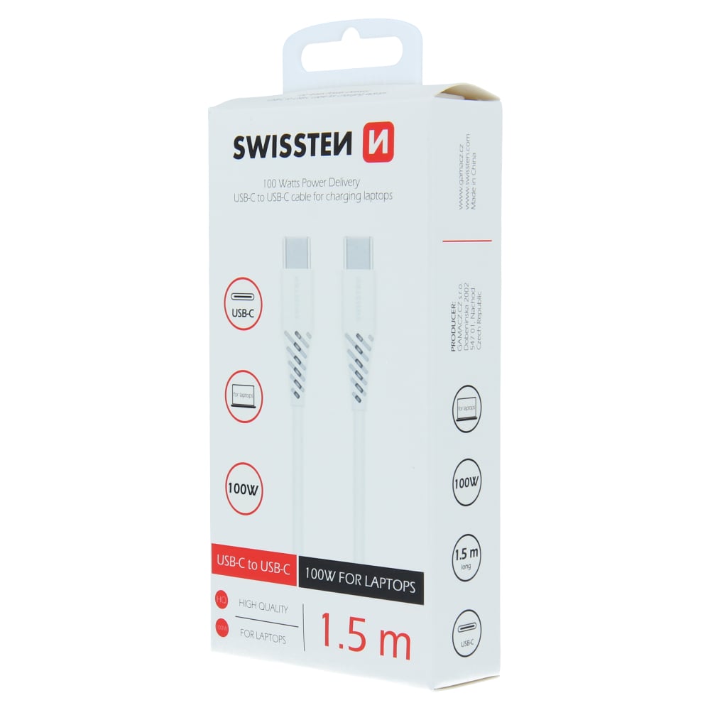 Swissten 5A Power Delivery Type-C To Type-C USB Cable (100W) - 71506520 - 1.5m - White