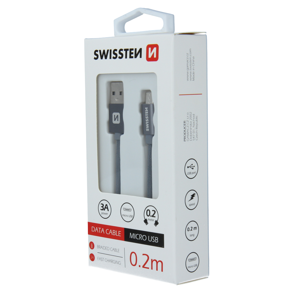Swissten Textile Micro USB Cable - 71522102 - 0.2m - Grey