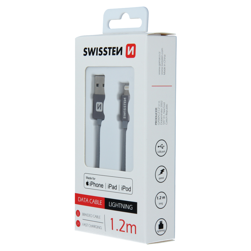 Swissten Textile MFI Lightning Cable - 71524202 - 1.2m - Grey
