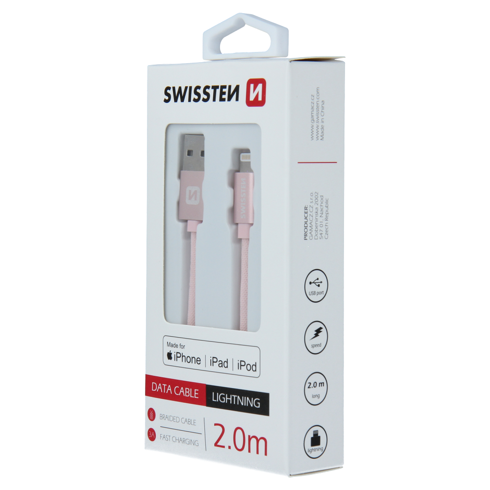 Swissten Textile MFI Lightning Cable - 71524305 - 2m - Rose Gold