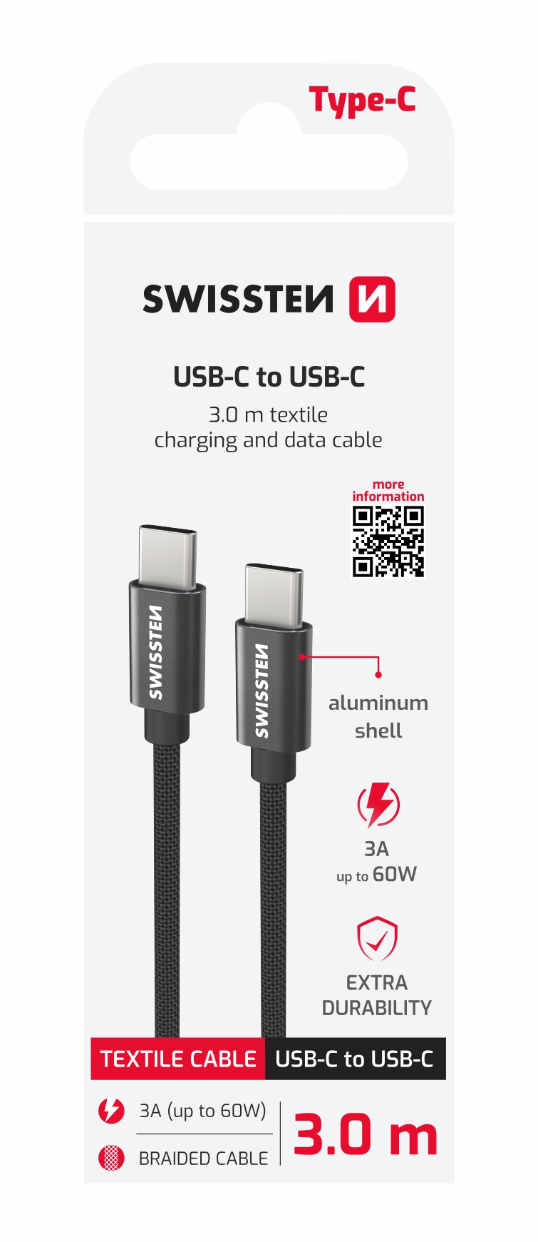 Swissten Textile USB-C Cable - 71527210 - 3.0m - Black