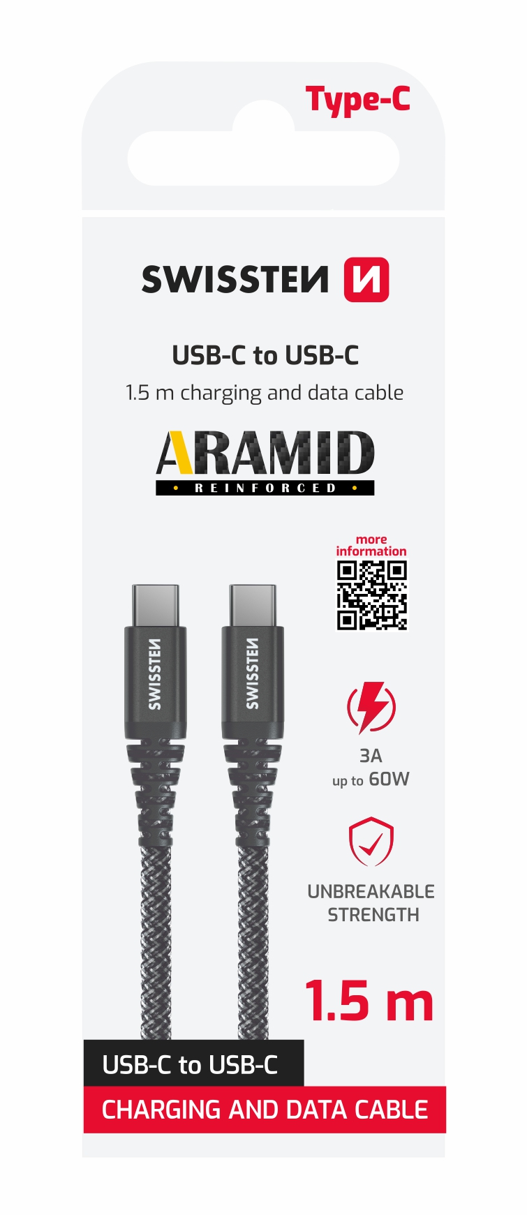 Swissten Aramid Reinforced USB-C To USB-C Cable - 71542010 - 1.5m - Grey