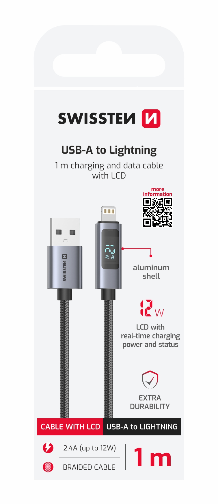 Swissten Lightning Cable To USB Cable With LCD - 71551071 - 1 Meter - Black