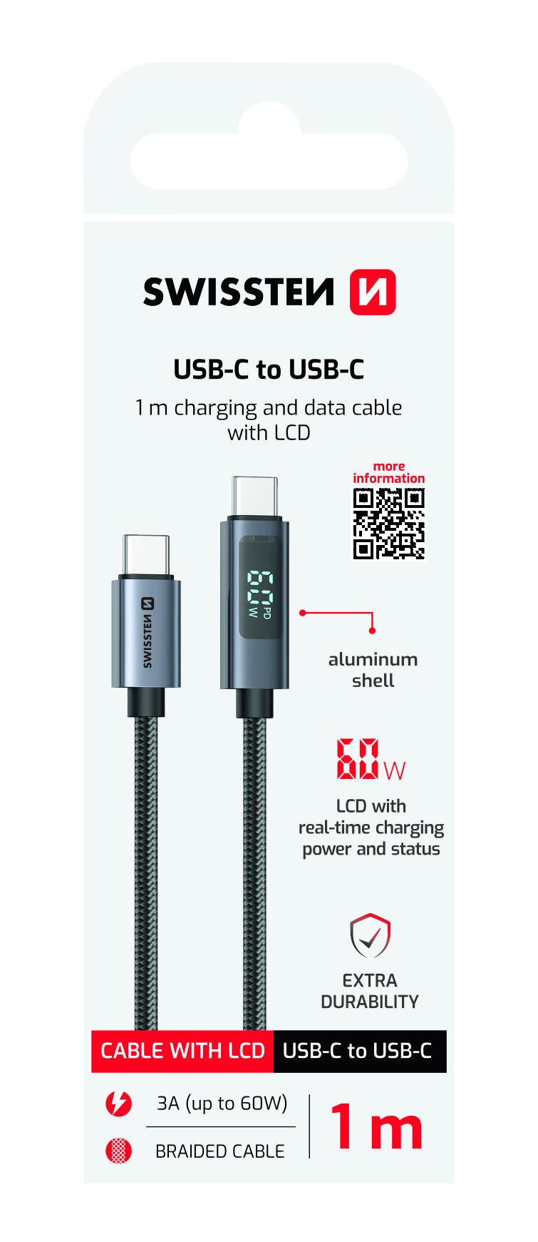 Swissten USB-C To USB-C Cable With LCD - 71551075 - 1 Meter - Black