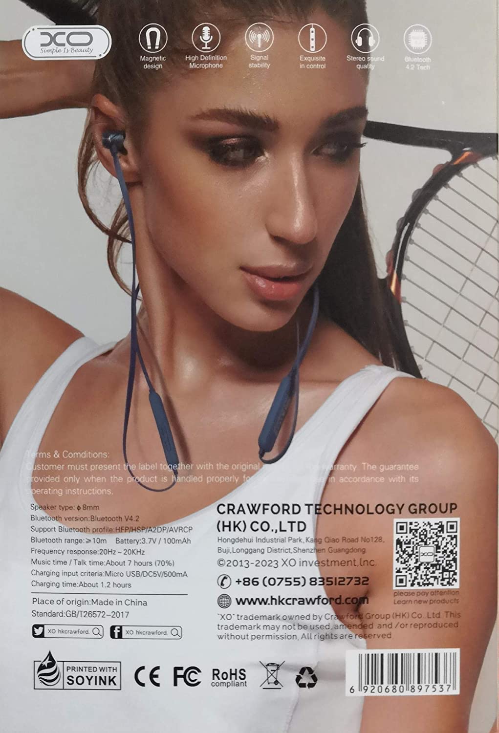 XO-BS10 - Magnetic Bluetooth Earphone - Blue