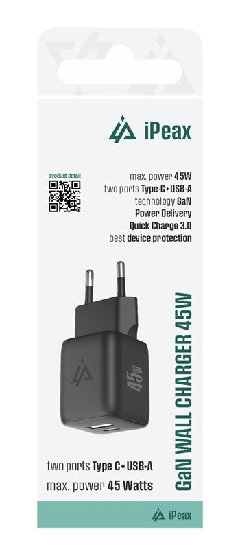 iPeax GaN USB-A + USB-C Wall Charger (45W) - 90010128 - Black
