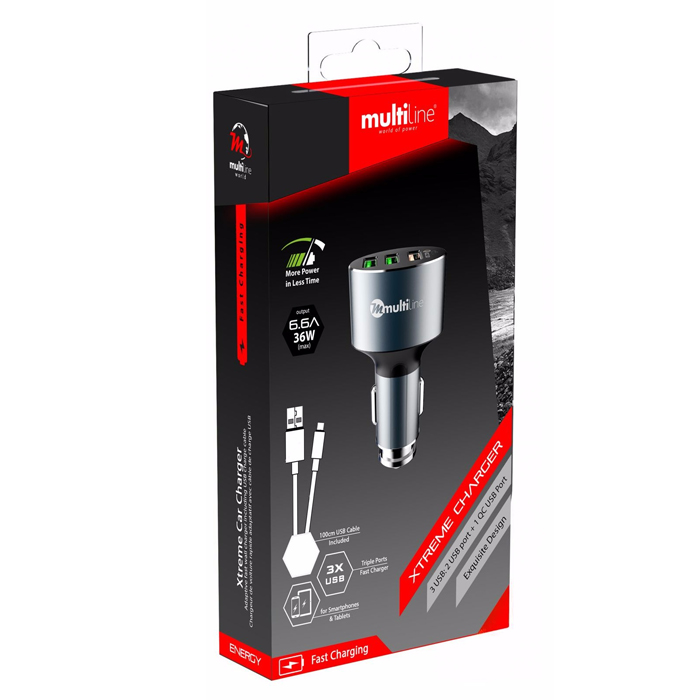 Multiline Xtreme 3-Port Car Charger - 6.6A / 36W - incl. Lightning USB Cable