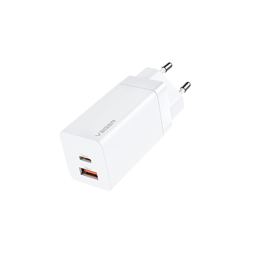 Veger Power Adapter PD 65W Fast Charging - Dual Output - Support Laptop Charging - White
