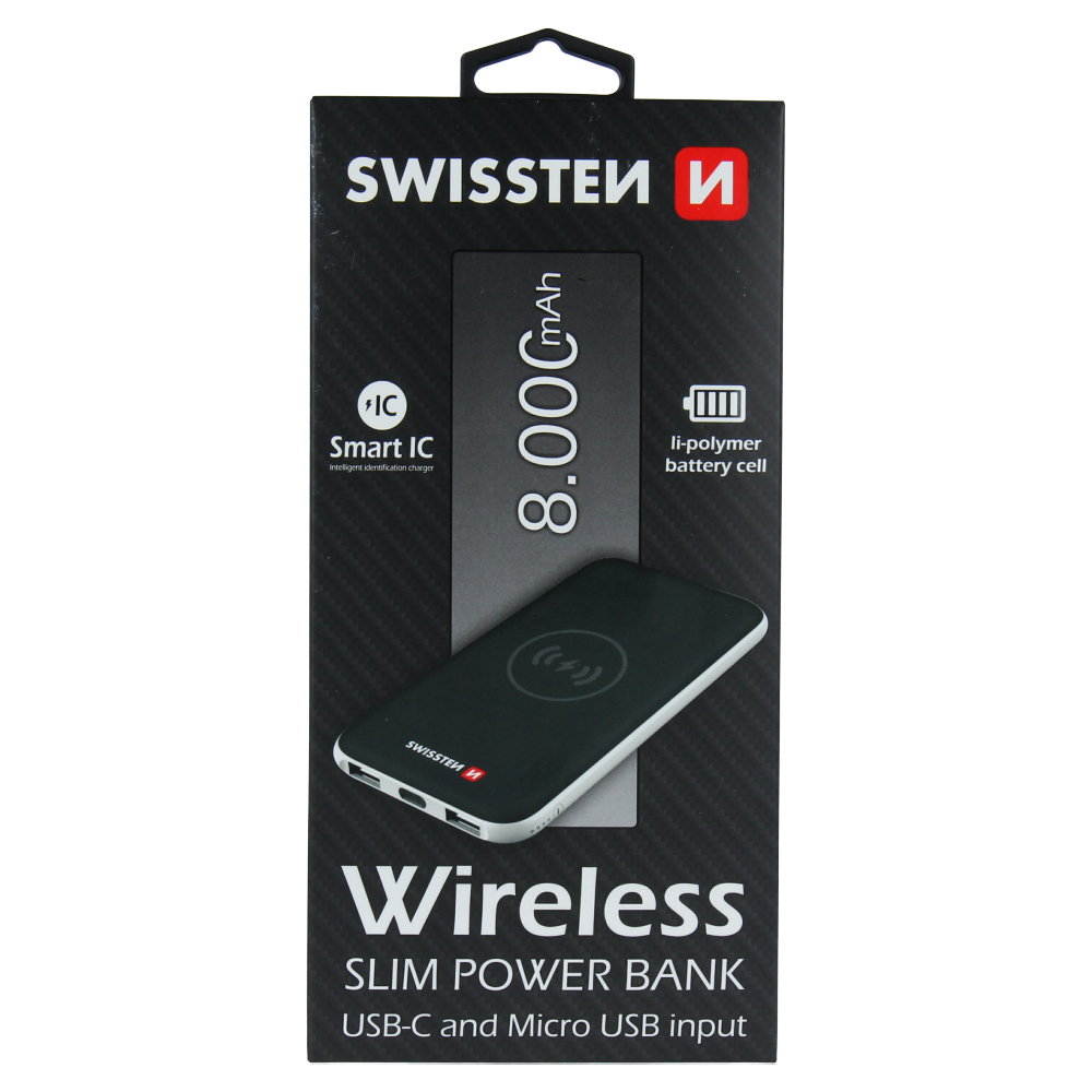 Swissten Wireless Slim Power Bank - USB-C Input - 8000 mAh - Black