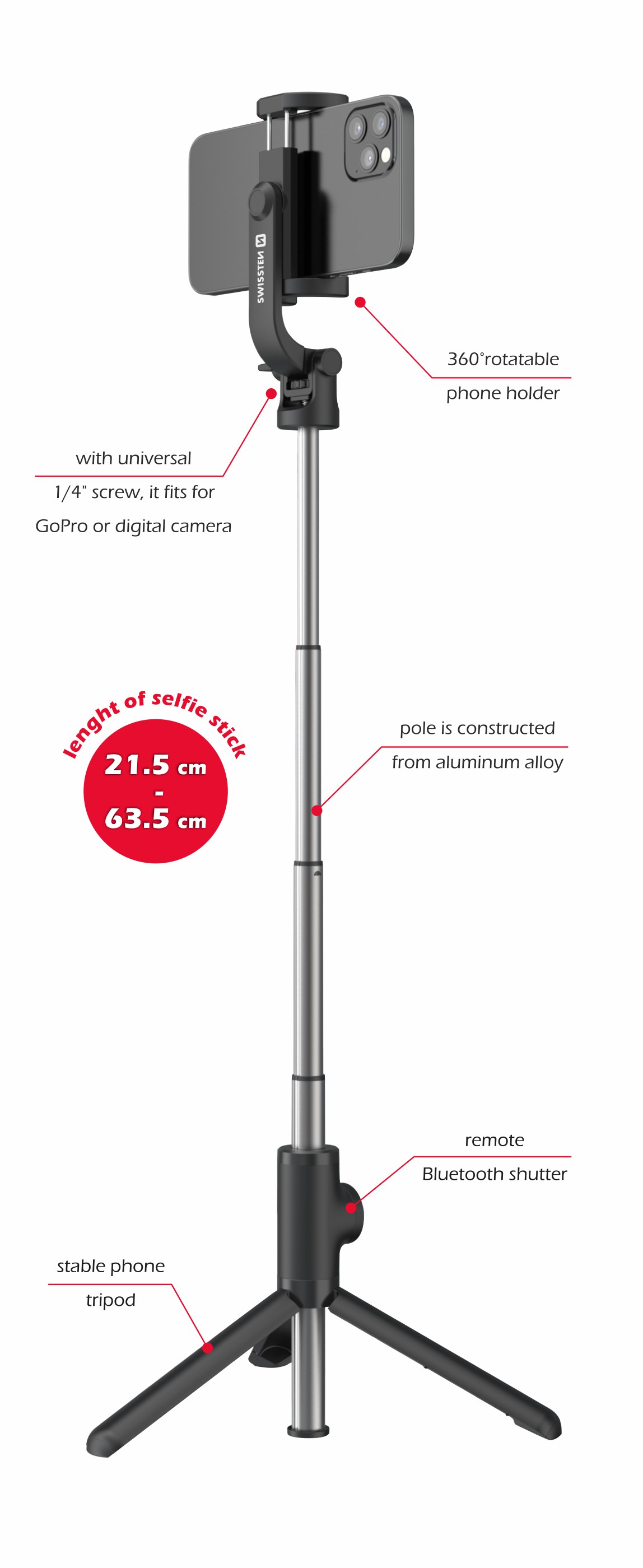 Swissten Bluetooth Selfie Stick Tripod Pro - 32000400
