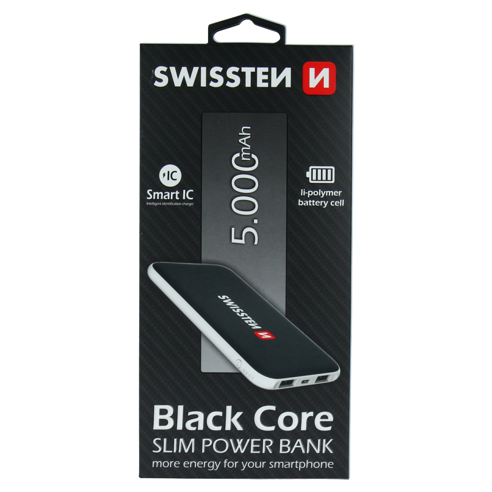 Swissten Black Core Slim Power Bank - 5000 mAh - Black