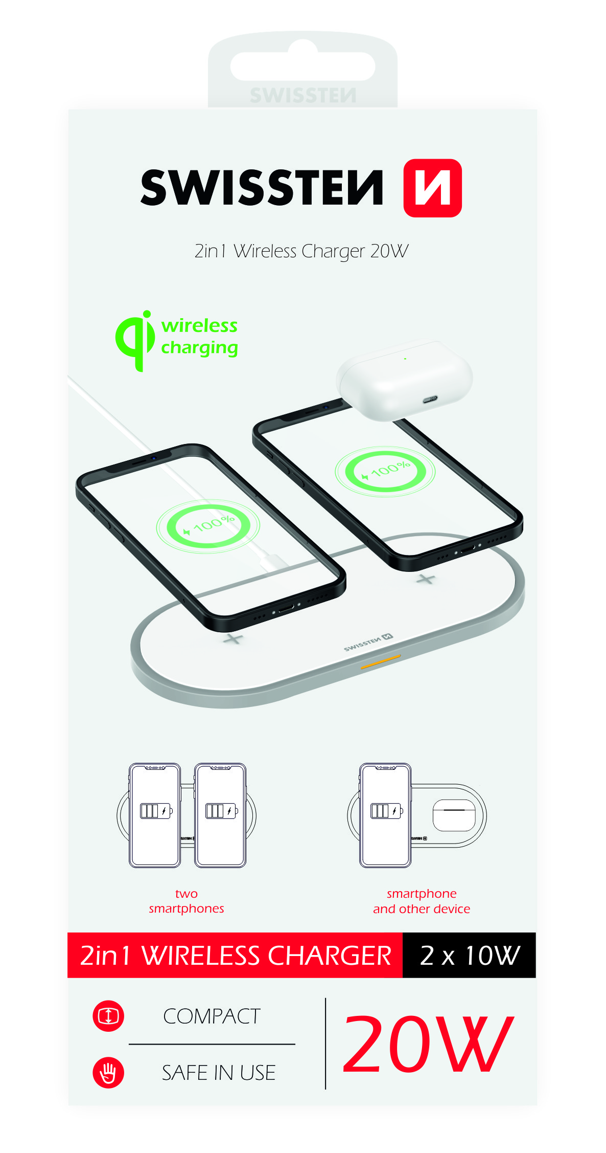Swissten  Wireless Charger - 2 in 1 Qi Charging - 2x10W - White